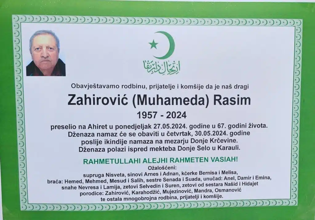 Preminuo je Zahirović Rasim