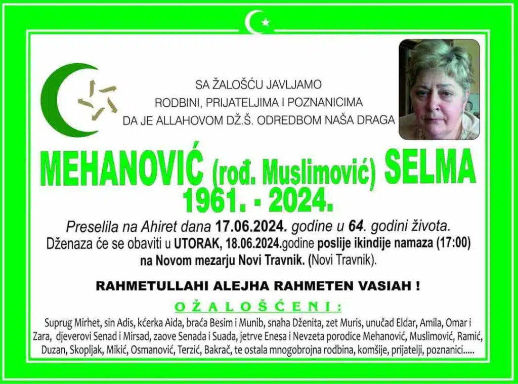 Preminula je Mehanović Selma