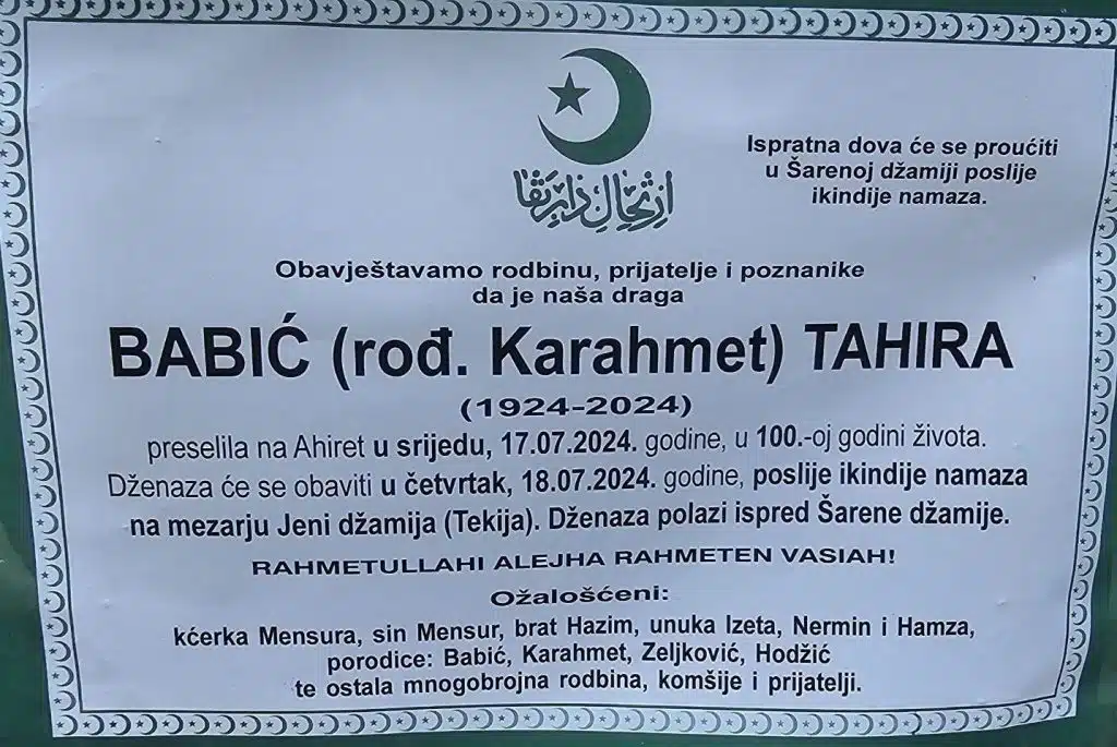 Preminula je Babić Tahira