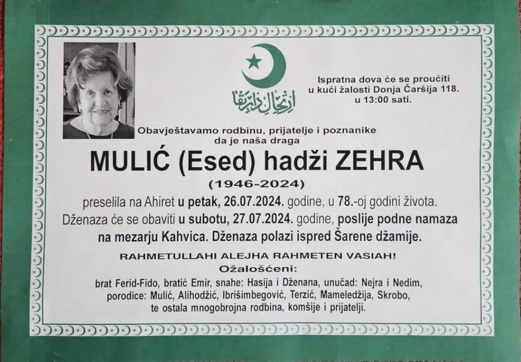 Preminula je MULIĆ hadži ZEHRA