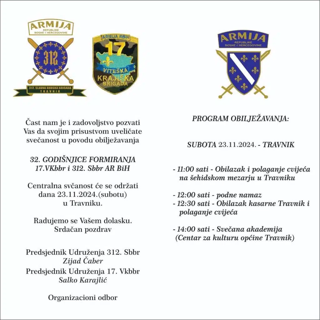 Sutra u Travniku obilježavanje 32. godišnjice formiranja 17. VKbbri i 312. Sbbr AR BiH