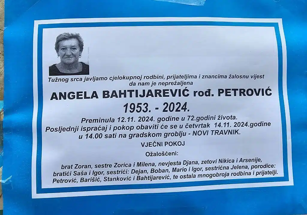 Preminula je Angela Bahtijarević rođ. Petrović