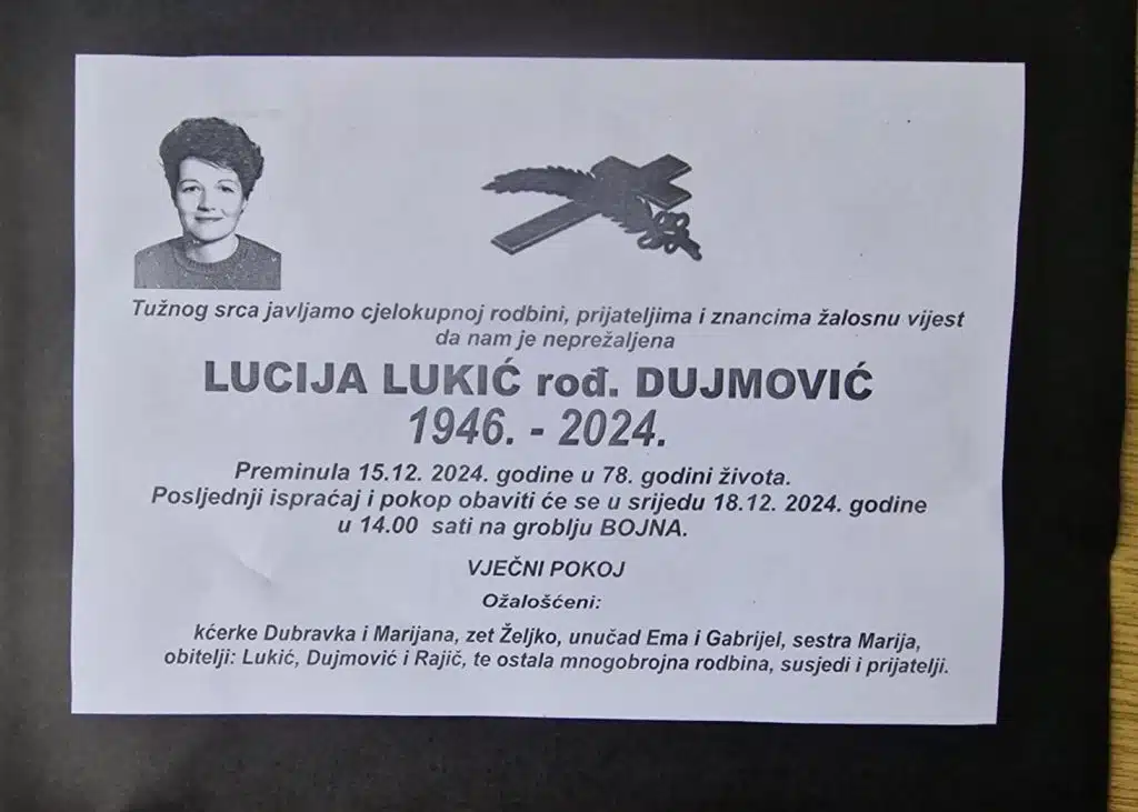 Preminula je Lucija Lukić rođ. Dujmović