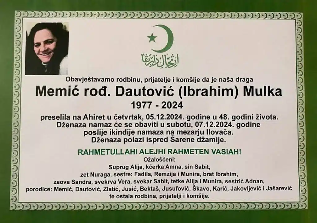 Preminula je Memić rođ. Dautović Mulka