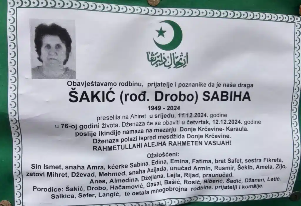 Preminula je Šakić Sabiha