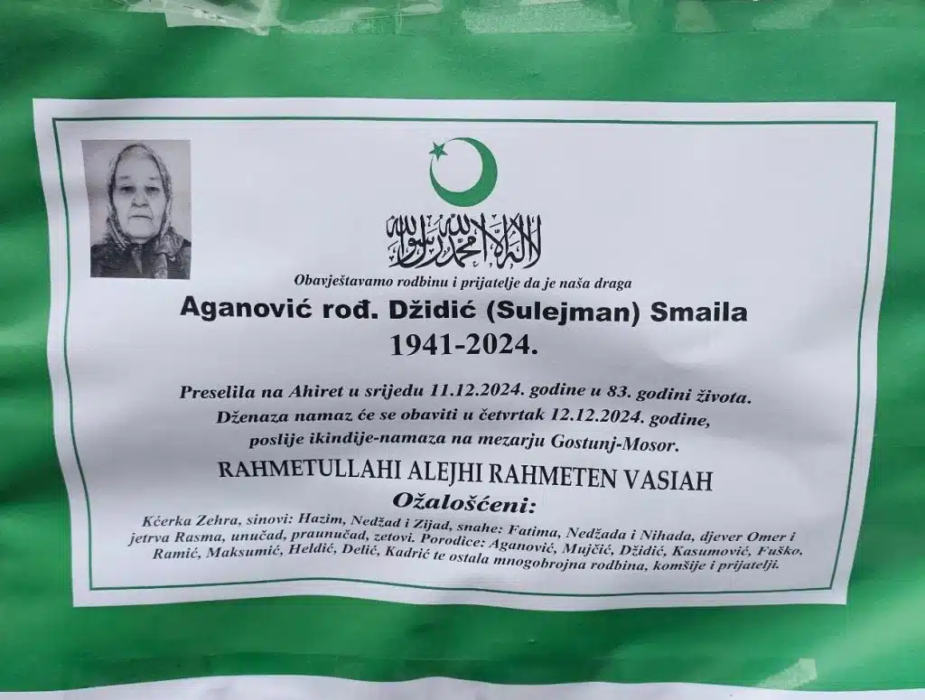 Preminula je Aganović rođ. Džidić Smaila