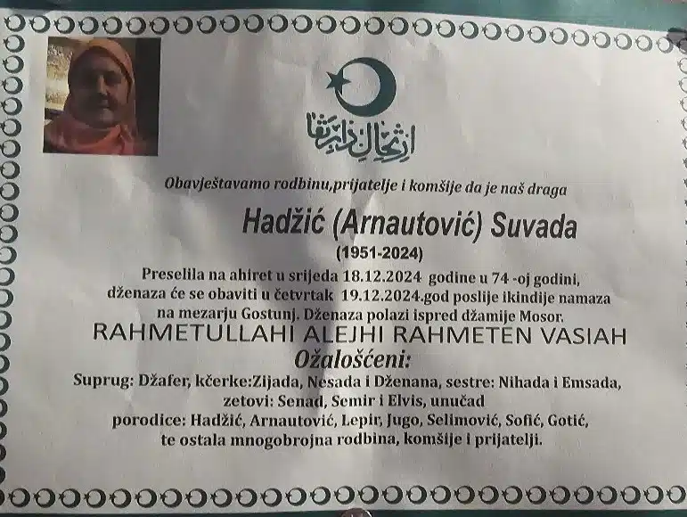 Preminula je Hadžić Suvada
