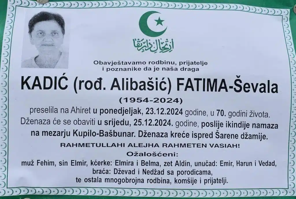 Preminula je Kadić Fatima-Ševala