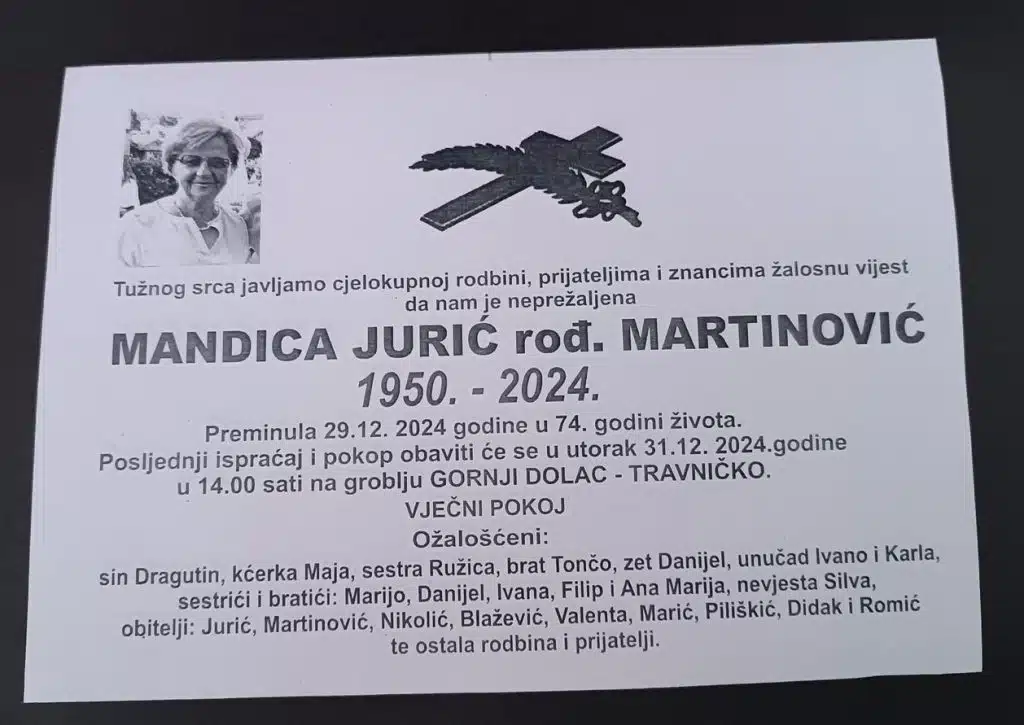 Preminula je Mandica Jurić rođ. Martinović