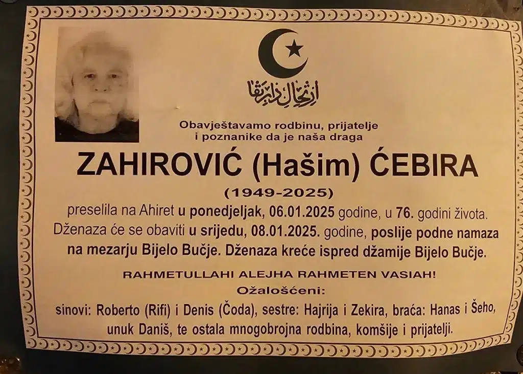 Preminula je Zahirović Ćebira