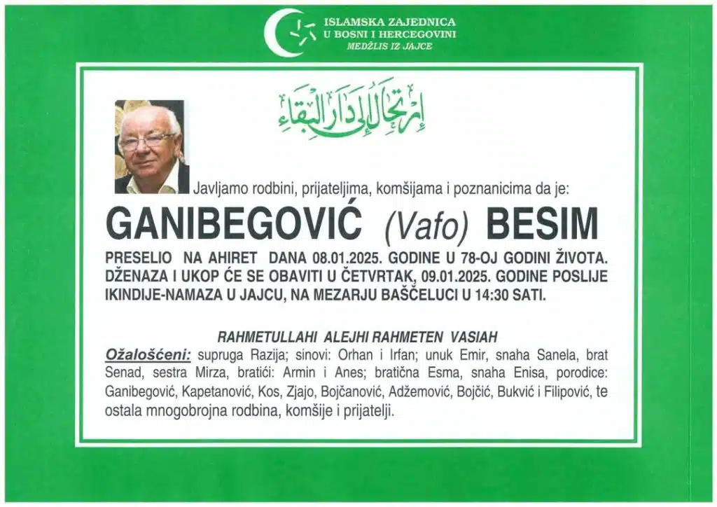 Preminuo je Ganibegović Besim