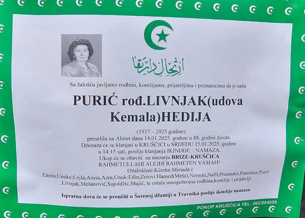 Preminula je Purić Hedija