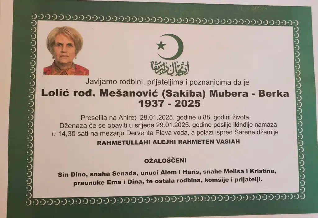 Preminula je Lolić Mubera – Berka