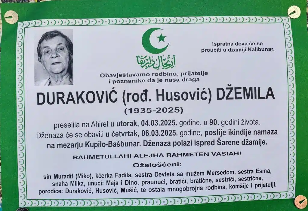 Preminula je Duraković Džemila
