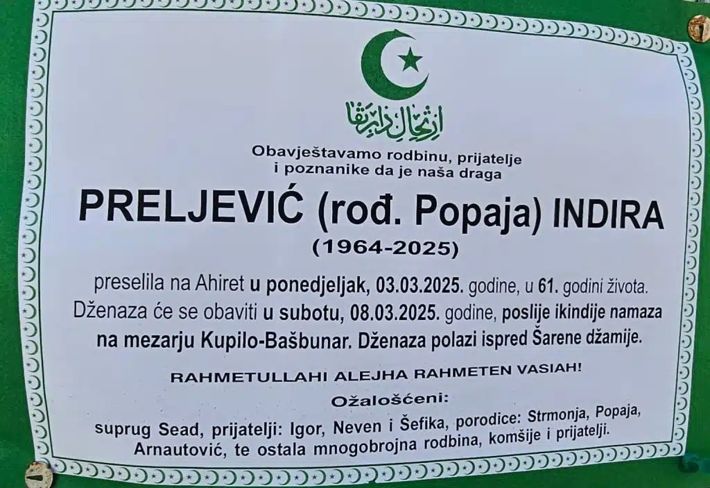 Preminula je Preljević Indira