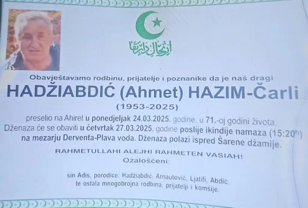 Preminuo je Hadžiabdić Hazim-Čarli