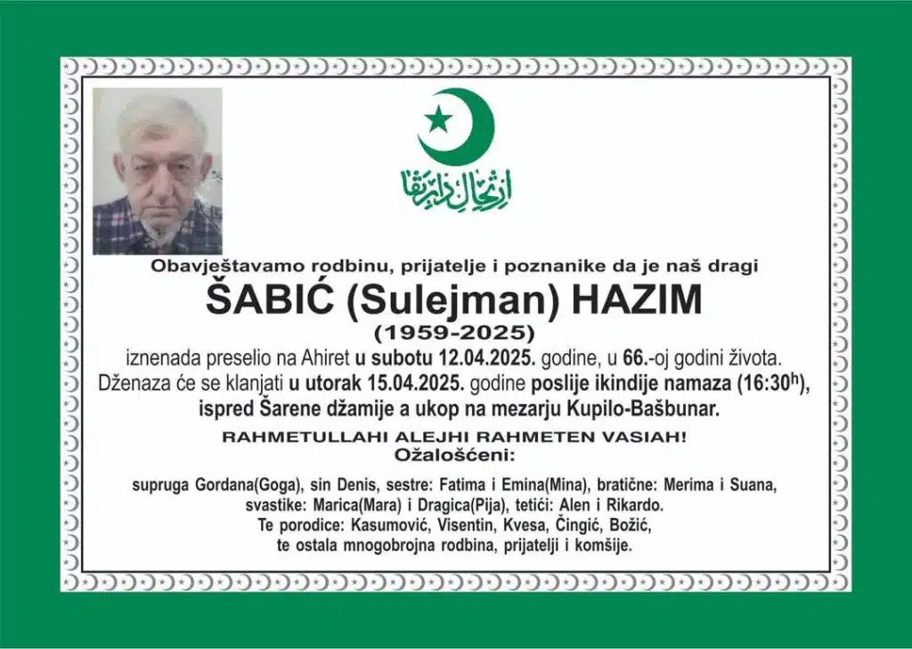 Preminuo je Šabić Hazim