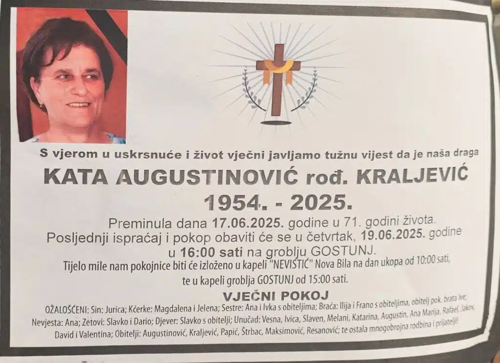 Preminula je Kata Augustinović rođ. Kraljević