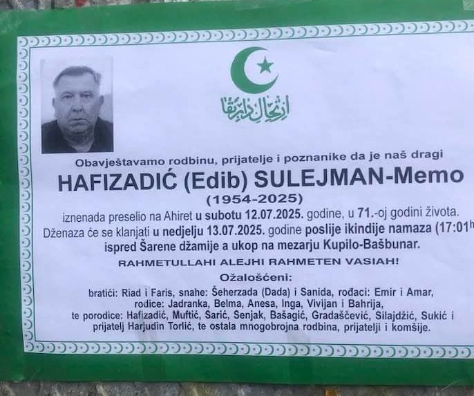 Preminuo je Sulejman Hafizadić Memo Preminuo je Sulejman Hafizadić Memo