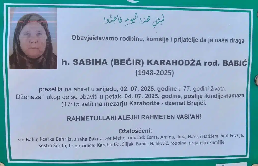 Preminula je Sabiha Karahodža Rođ. Babić