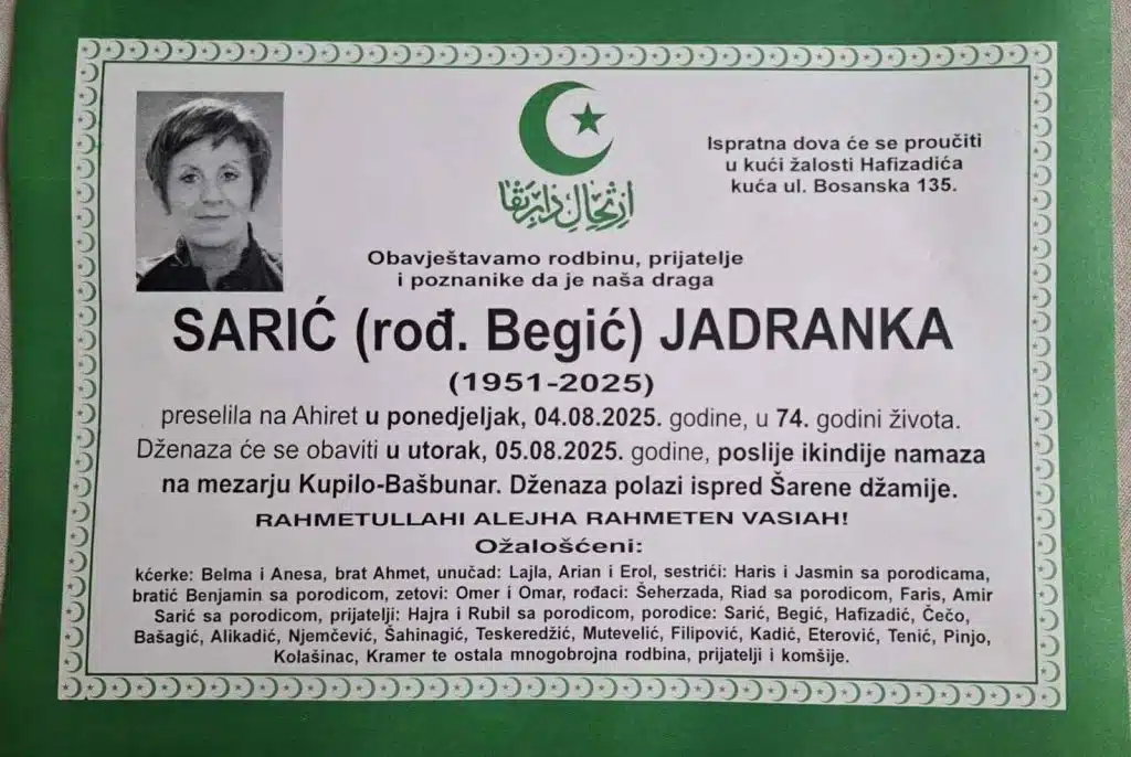 Preminula je Sarić Jadranka