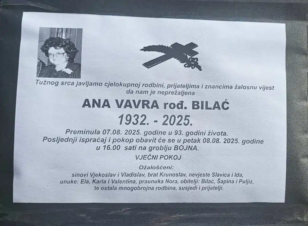 Preminula je Ana Vavra rođ. Bilać