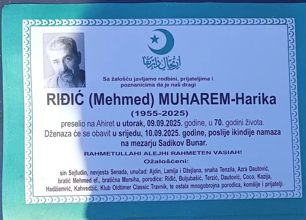 Preminuo je Riđić Muharem-Harika