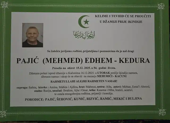Preminuo je Pajić Edhem – Kedura