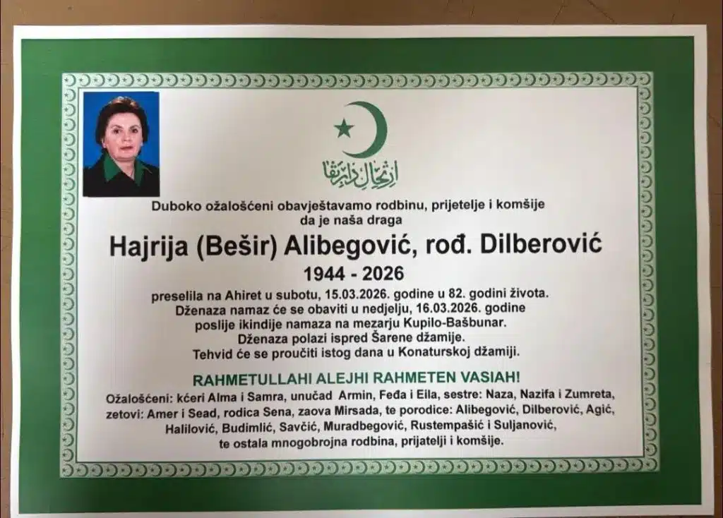 Preminula je Hajrija Alibegović rođ. Dilberović
