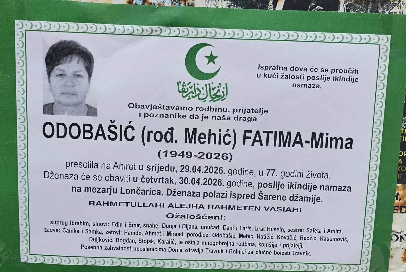 Preminula Fatima Odobašić