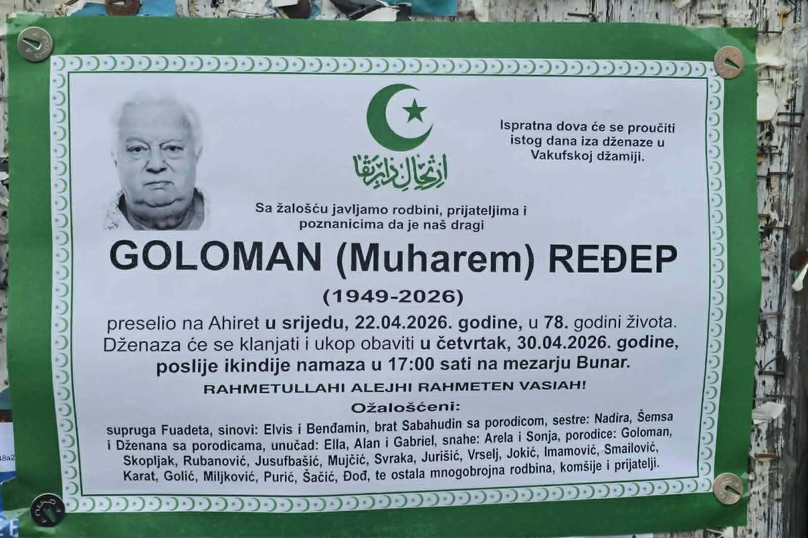 Preminuo Ređep Goloman