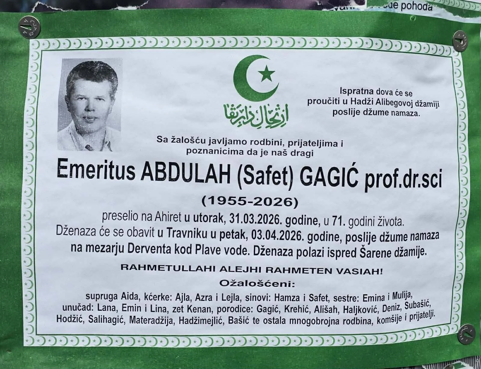 Preminuo Abdulah Gagić