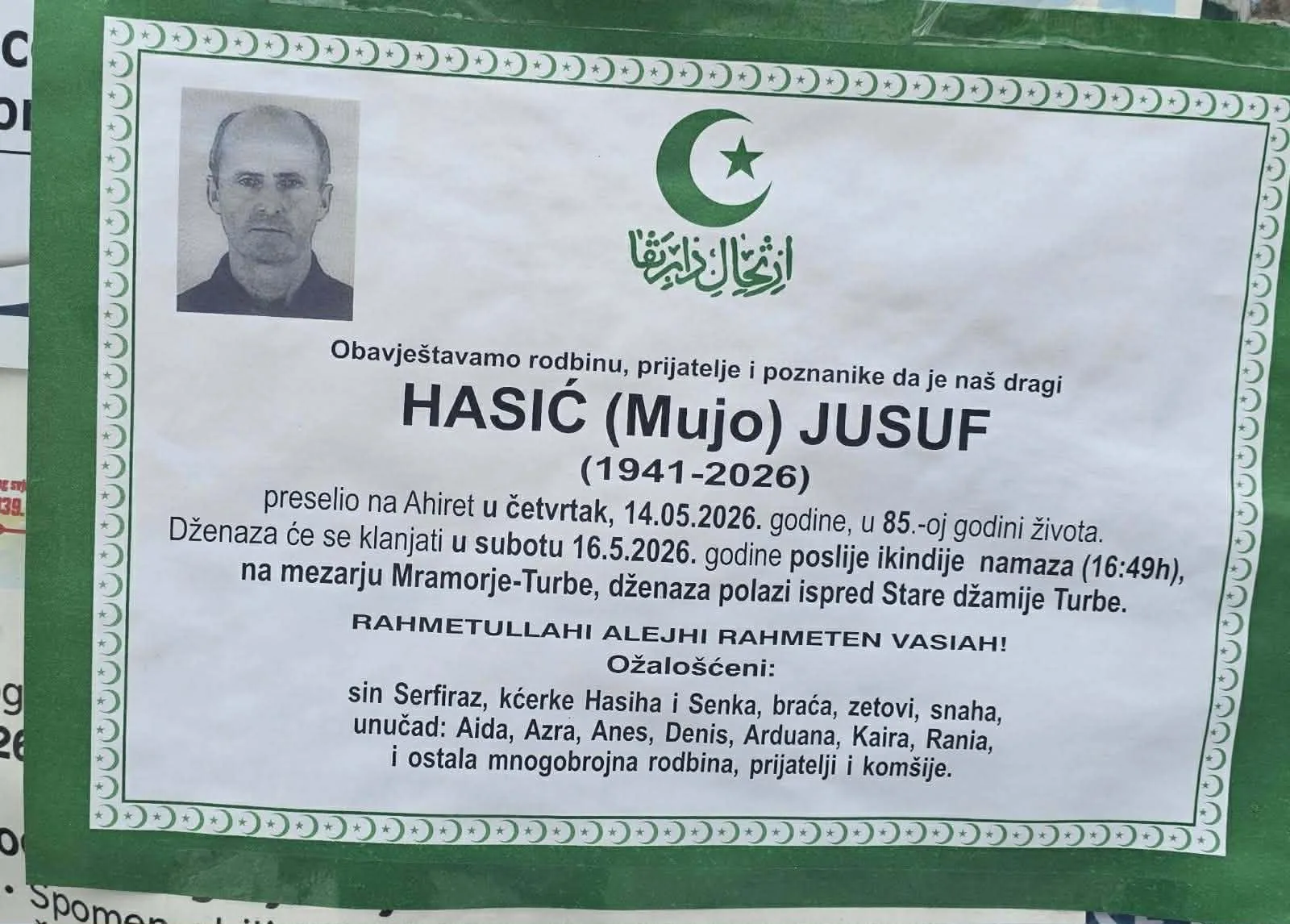 Preminuo Jusuf Hasić