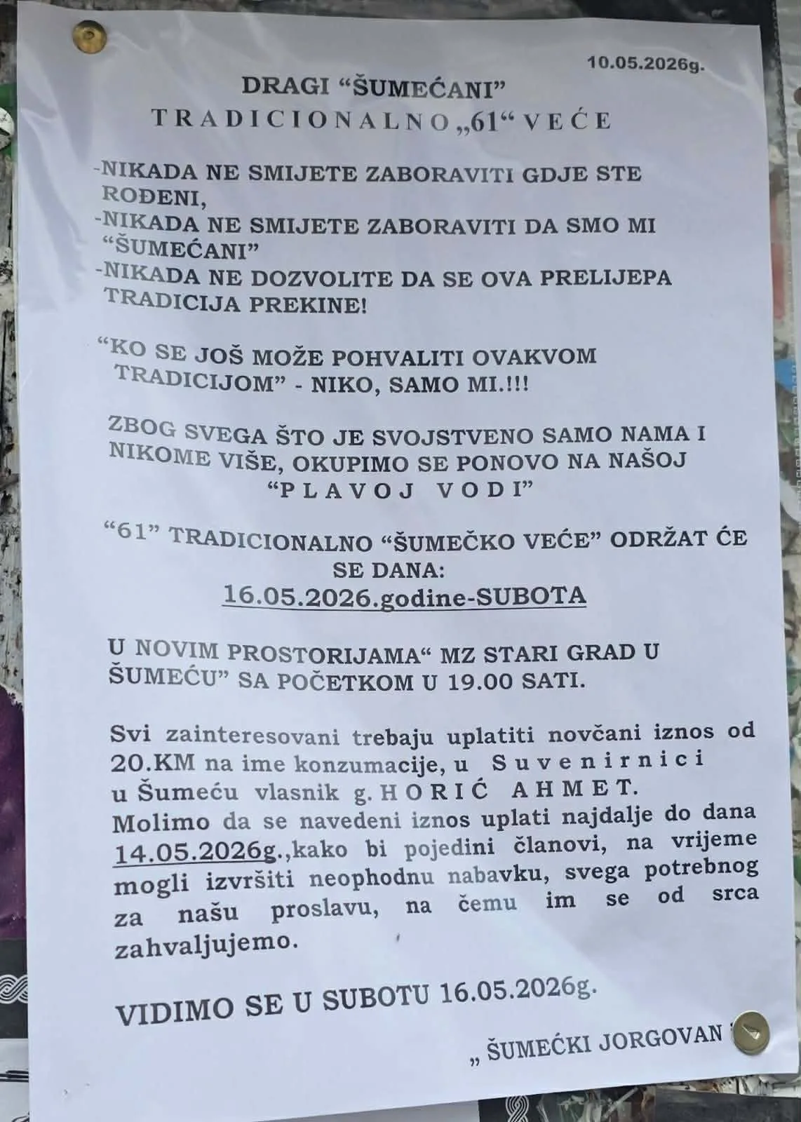 U subotu tradicionalno 61. Šumećko veće