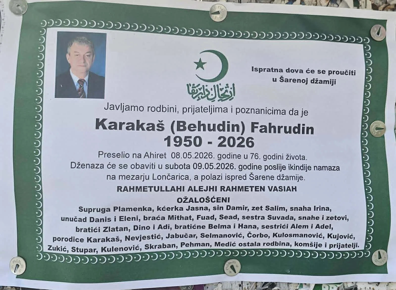 Preminuo je Fahrudin Karakaš