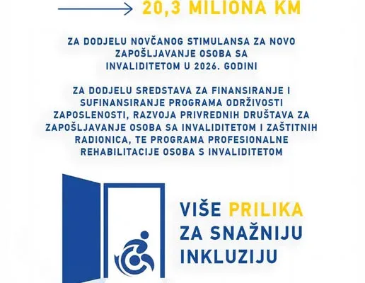 20,3 miliona KM za zapošljavanje i profesionalnu rehabilitaciju osoba s invaliditetom