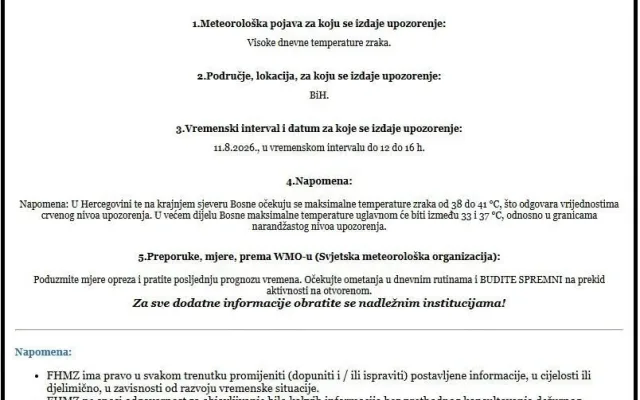 Upozorenje zbog visokih dnevnih temperatura
