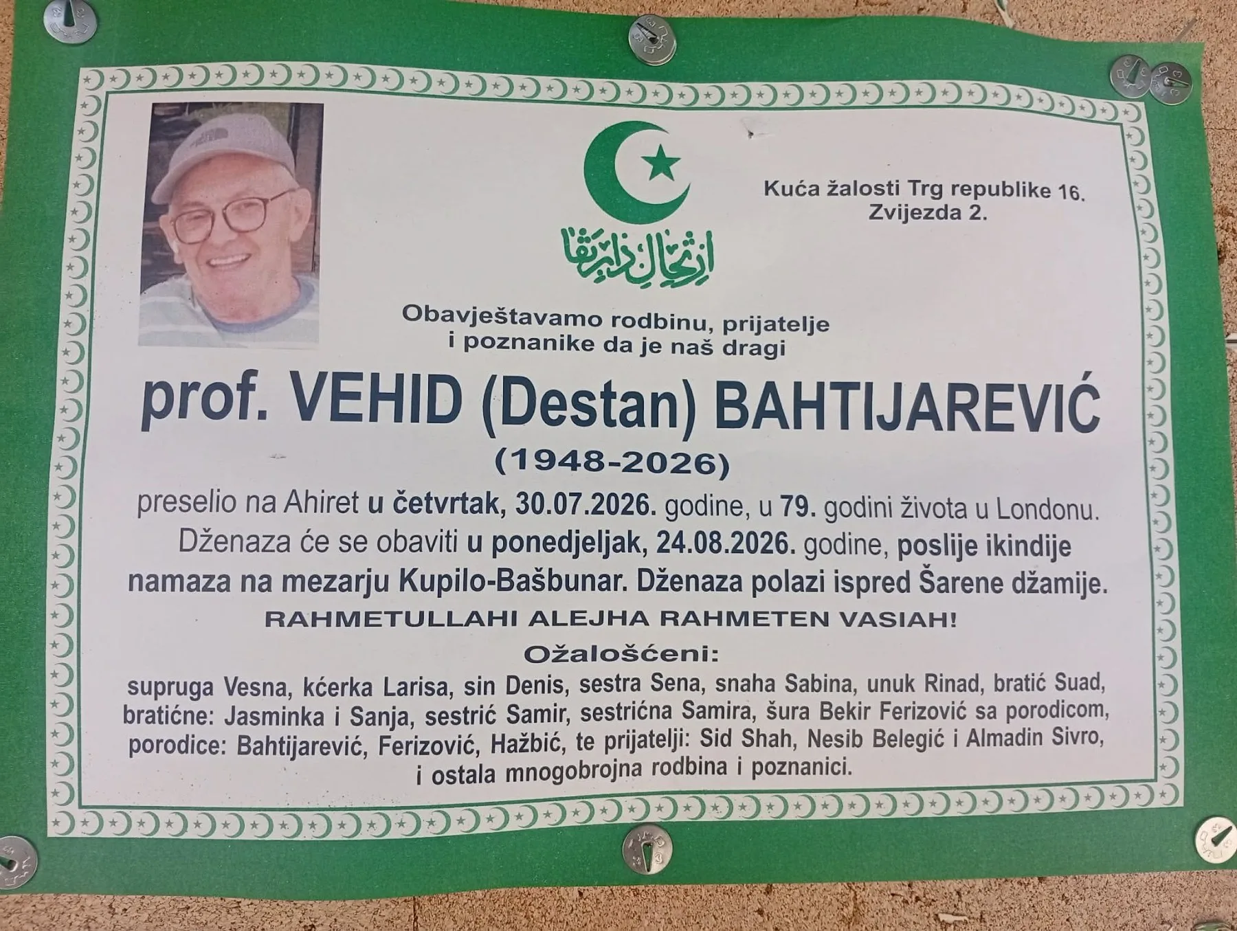 Preminuo je prof. Vehid Bahtijarević