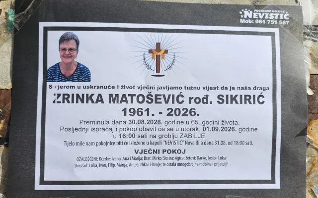 Preminula je Zrinka Matošević rođ. Sikirić