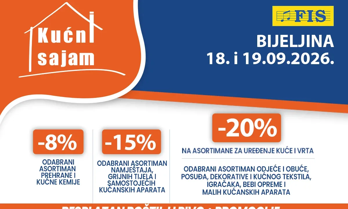 Kućni sajam FIS u Bijeljina 18. i 19.09.2026.: Vviše izbora, više uštede, više razloga za kupovinu 
