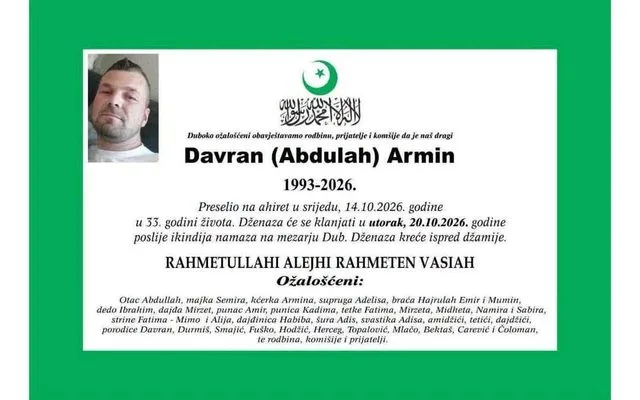 Danas dženaza Arminu Davran